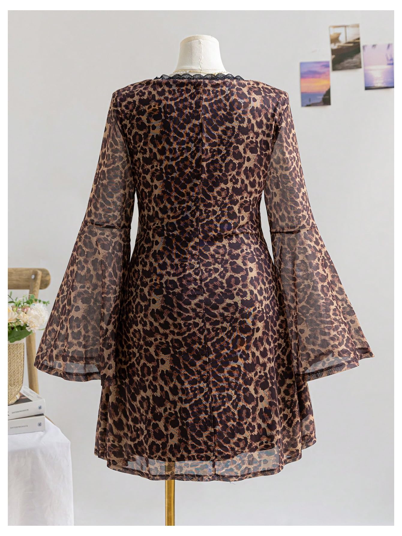 Women's Plus Size Lace Leopard Print Bell Sleeve Bow Front Dress Mini