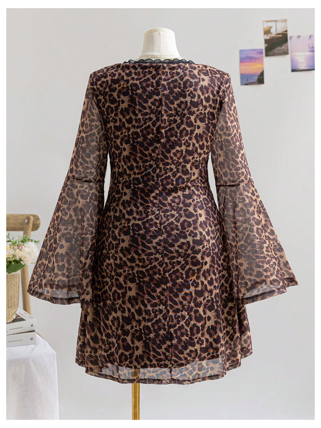 Women's Plus Size Lace Leopard Print Bell Sleeve Bow Front Dress Mini