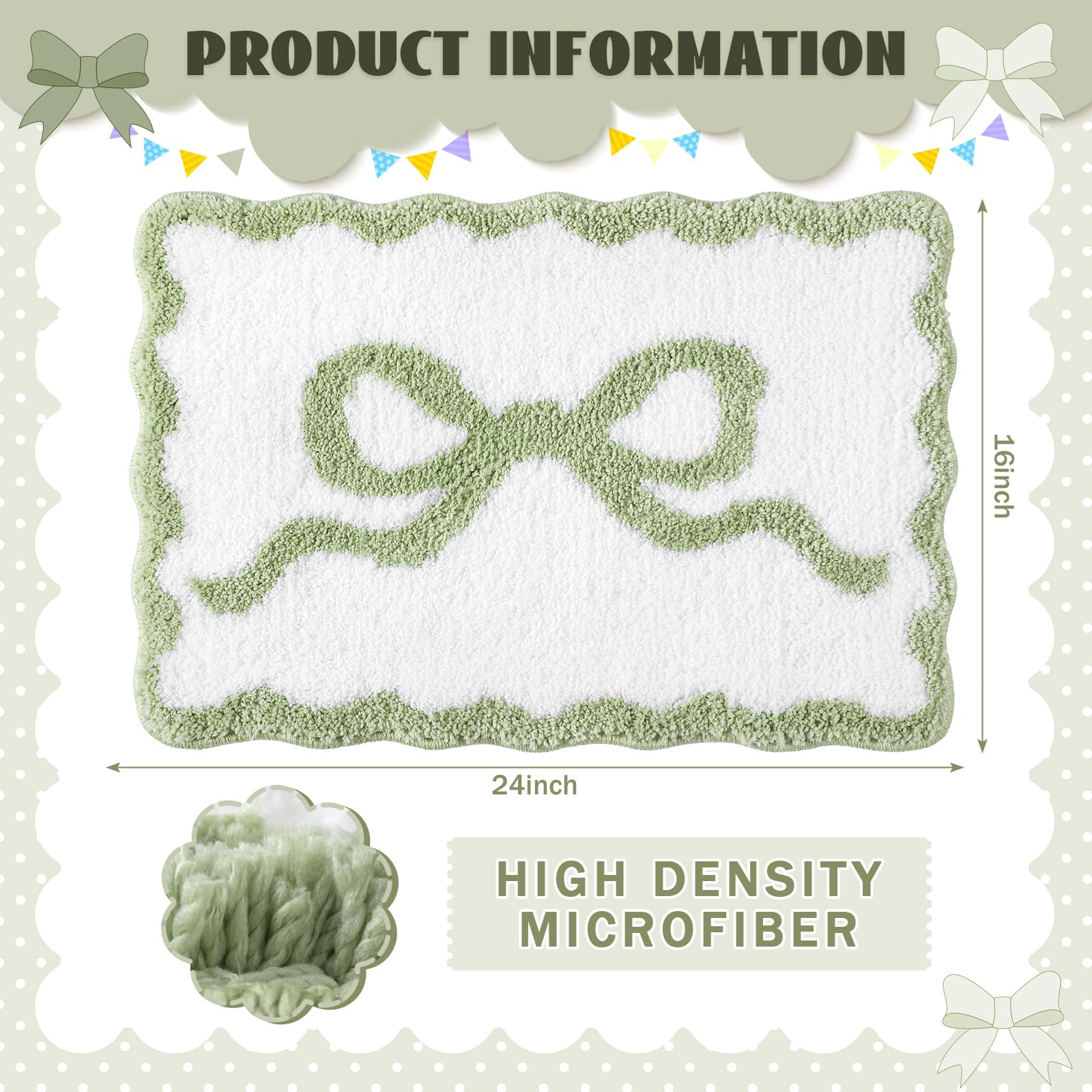 Scalloped Bow Bathroom Mat Non Slip Coquette Bow Rug Cute Aesthetic Scallop Carpet Preppy Room Decor Microfiber Absorbent Bath Rug for Bathroom Bathtub Shower Bedroom(Black,16" X 24")