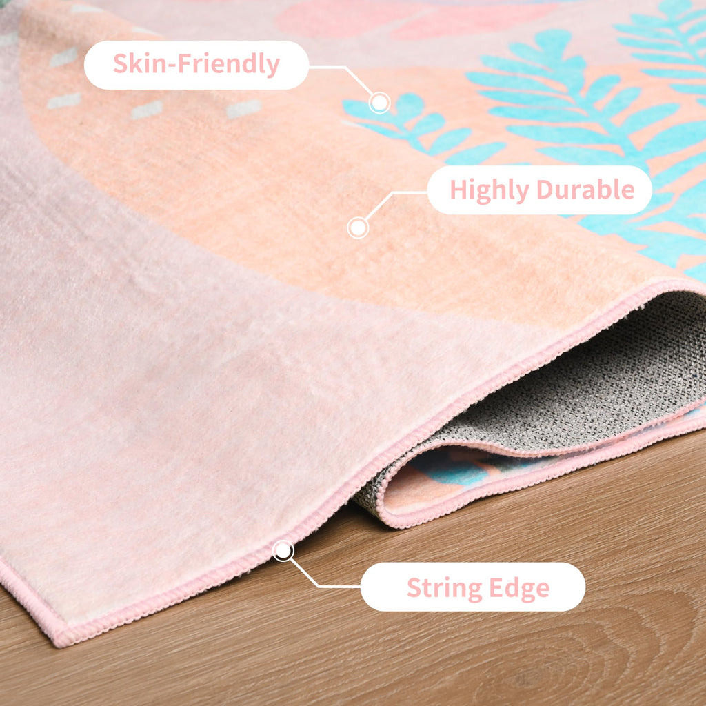 Faux Wool Boho Floral Area Rug Abstract Print Soft Carpet, TPR Non-Slip Backing, Machine Washable Low Pile Rug