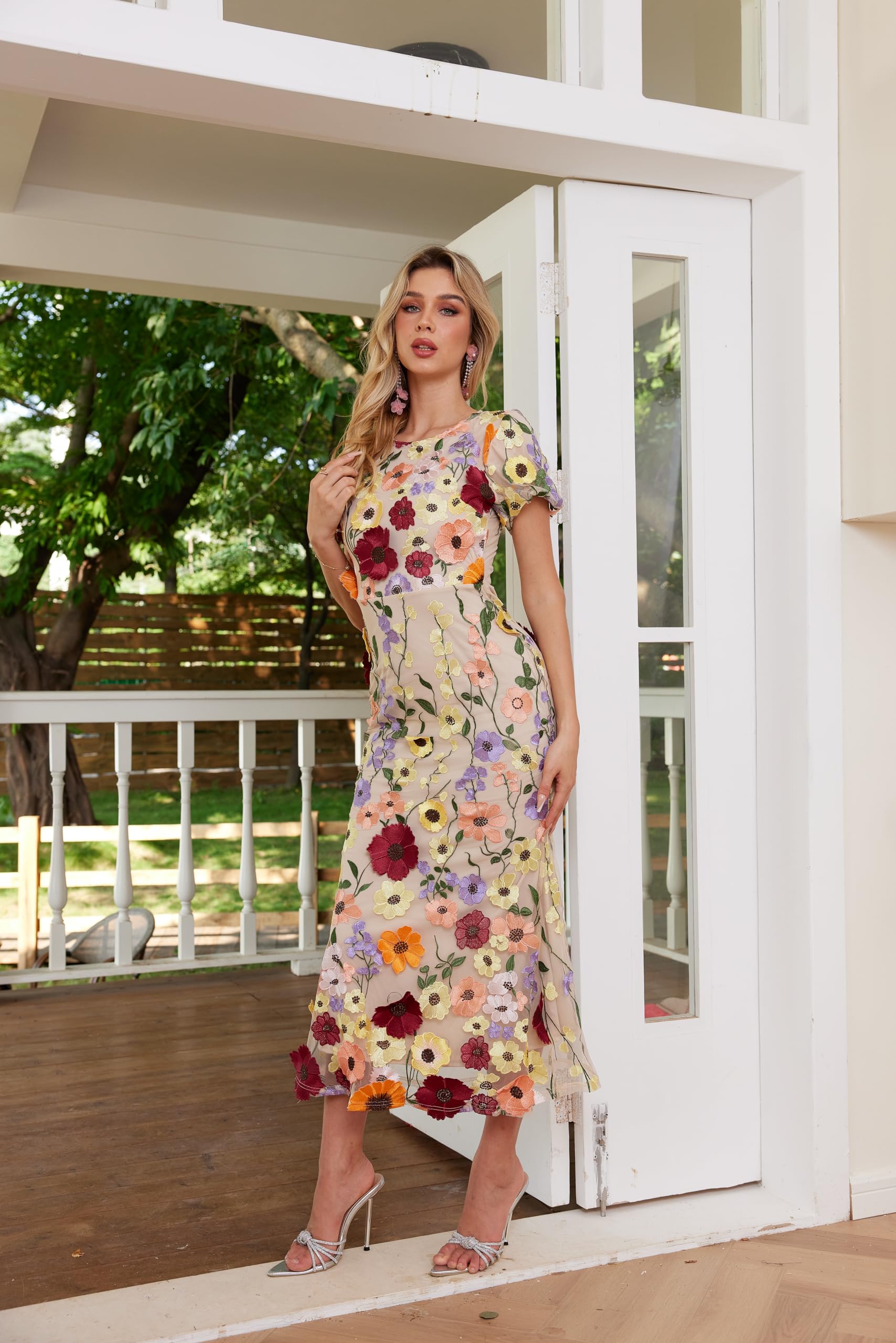 Women's 3D Floral Embroidery Dress Ruffle Sleeve Fishtail Lace Bodycon Party Cocktail Mixi Dress