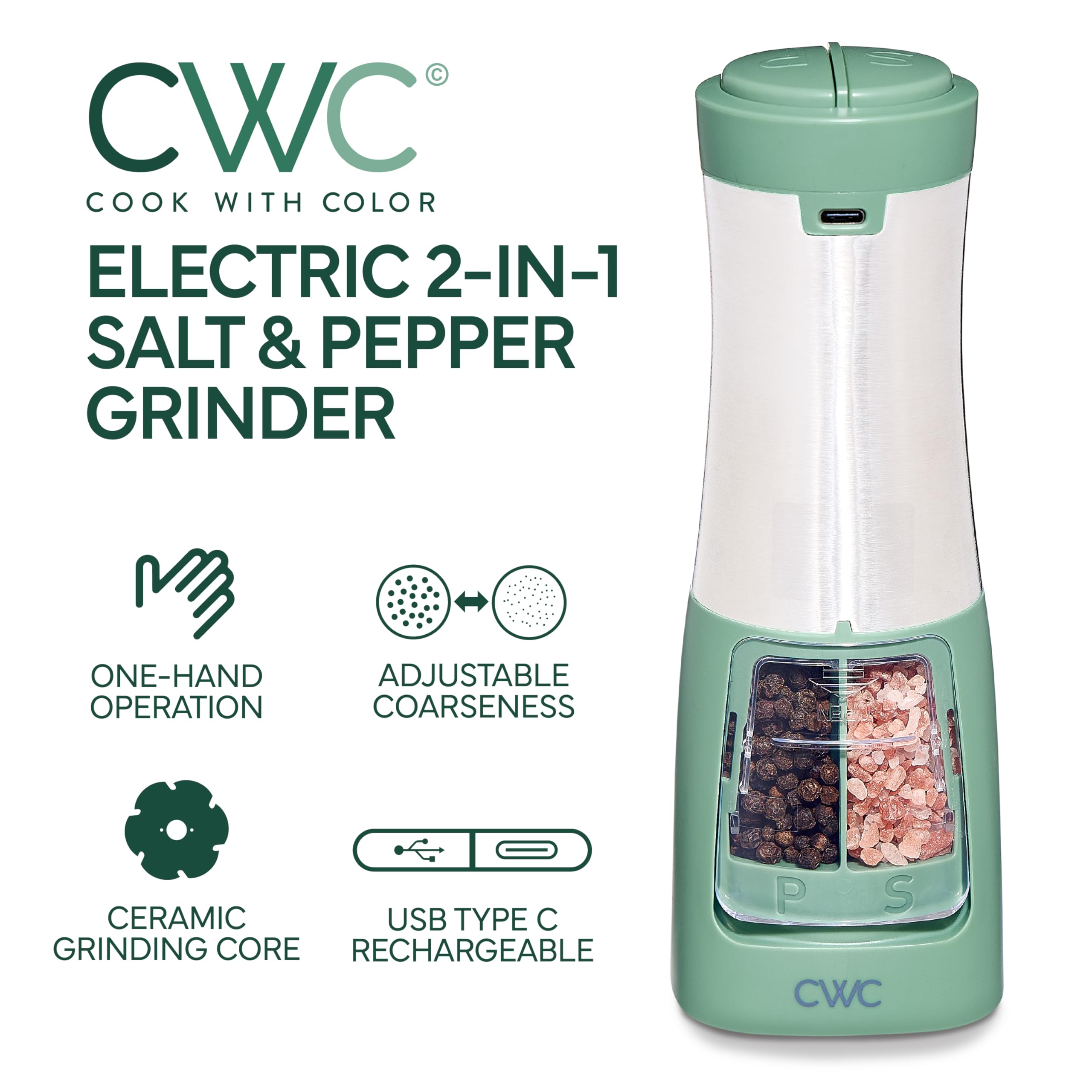 Rechargeable Salt & Pepper Shaker - 2-in-1 Grinders for Salt and Pepper