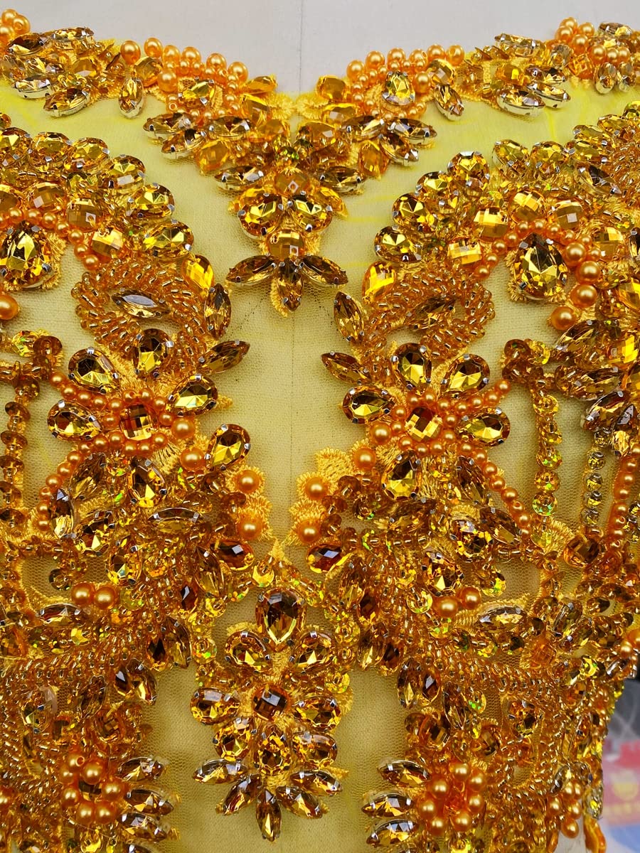 Handmade red/Blue/Gold/Green Rhinestones lace Bodice Applique Sewing Beads Crystal Trim Patches Accessory for Dress Clothes (Rose red)