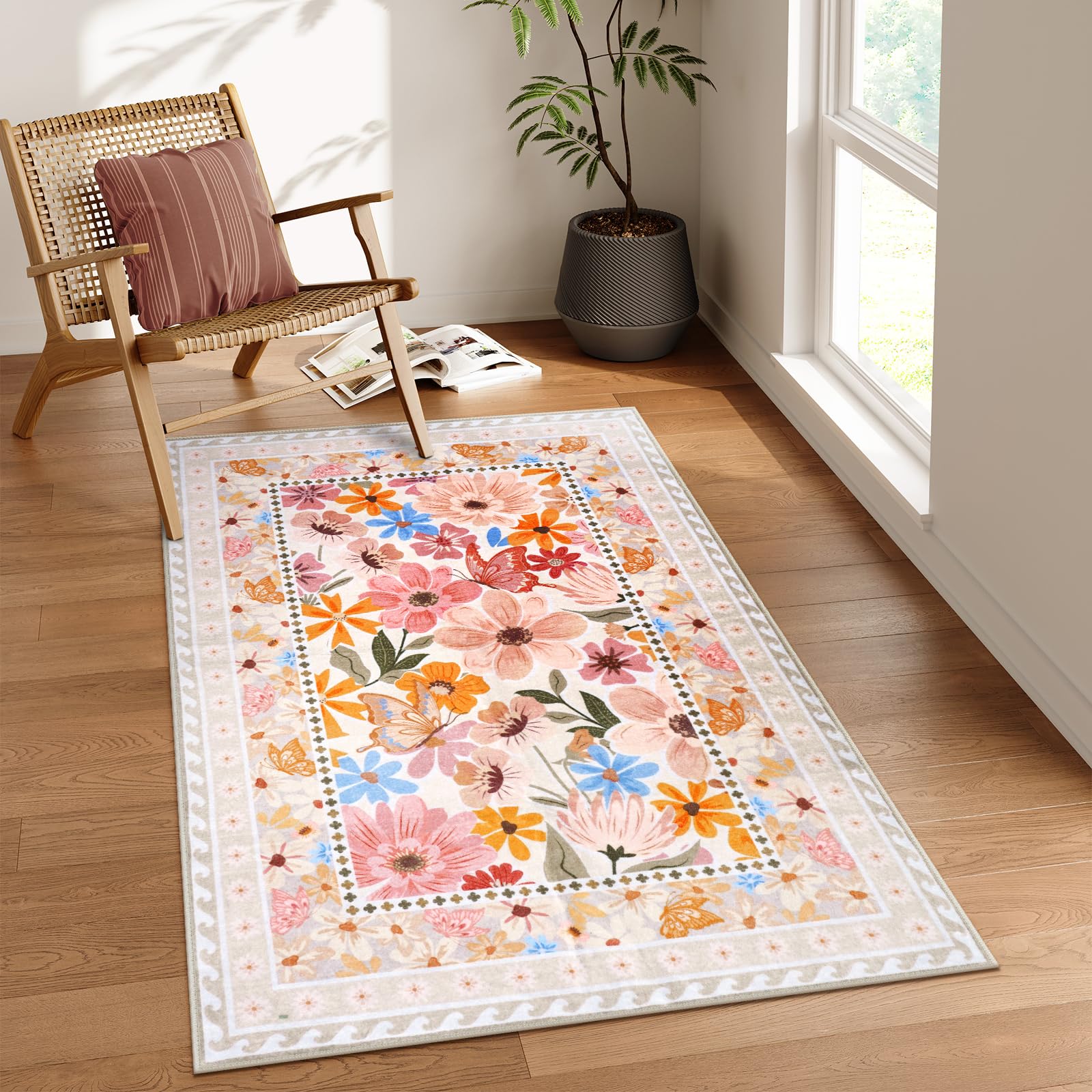 Floral Hallway Runner Rug, Runner Rugs Non Skid Washable, Low Pile Soft Boho Rugs