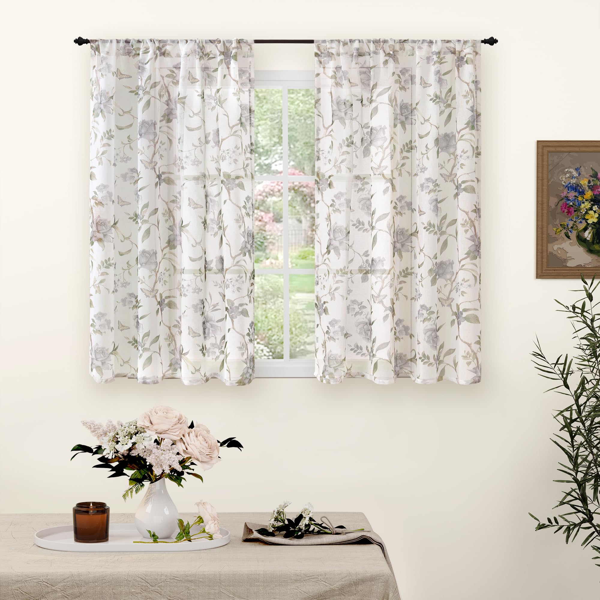 Floral Sheer Curtains, Vintage Light Filtering Semi-Sheer Linen Curtains