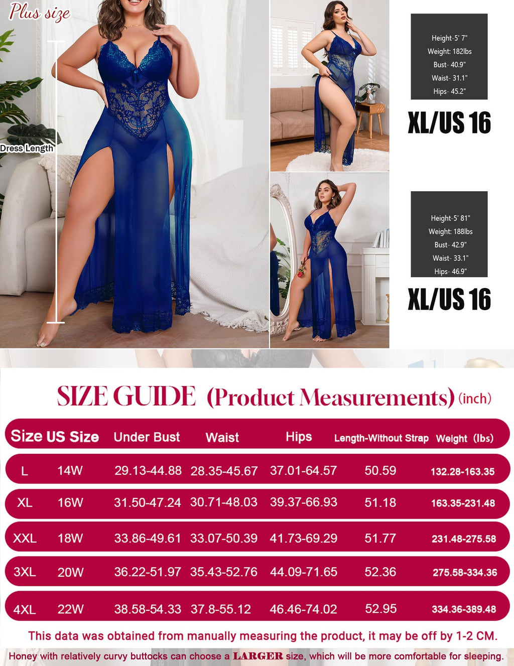 Plus Size Lingerie For Women Babydoll Sexy Mesh Maxi Nightdress Exotic Sleepwear Side Slits