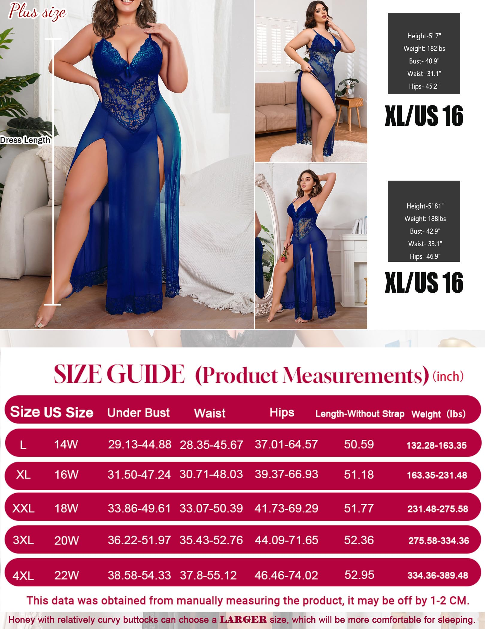 Plus Size Lingerie For Women Babydoll Sexy Mesh Maxi Nightdress Exotic Sleepwear Side Slits