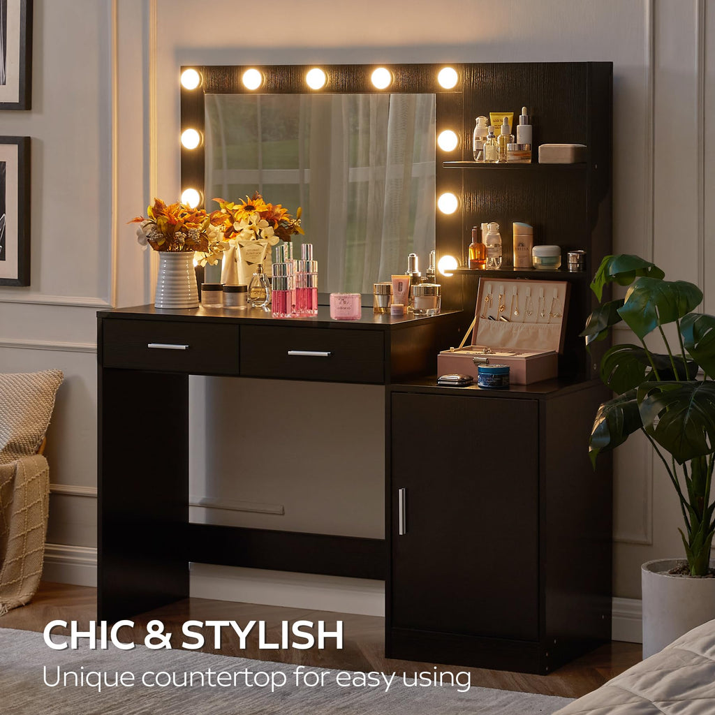 Vanity Desk with Mirror and LED Light Strip,Dressing Table with Large Drawer, 3 Level Storage Dresser & 3 Lighting Modes Adjustable Brightness