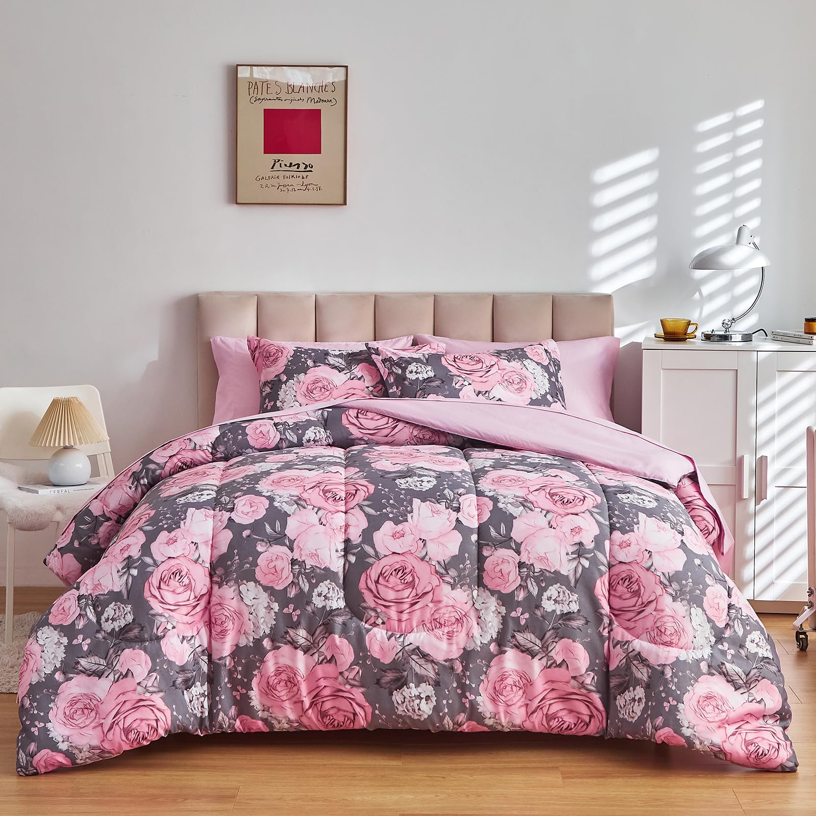 Flower Comforter Sheet Set White Bed in a Bag 7 Pieces Size, Pink Floral Microfiber Bedding Set (1 Comforter 2 Pillow Shams 1 Flat Sheet 1 Fitted Sheet 2 Pillowcases)