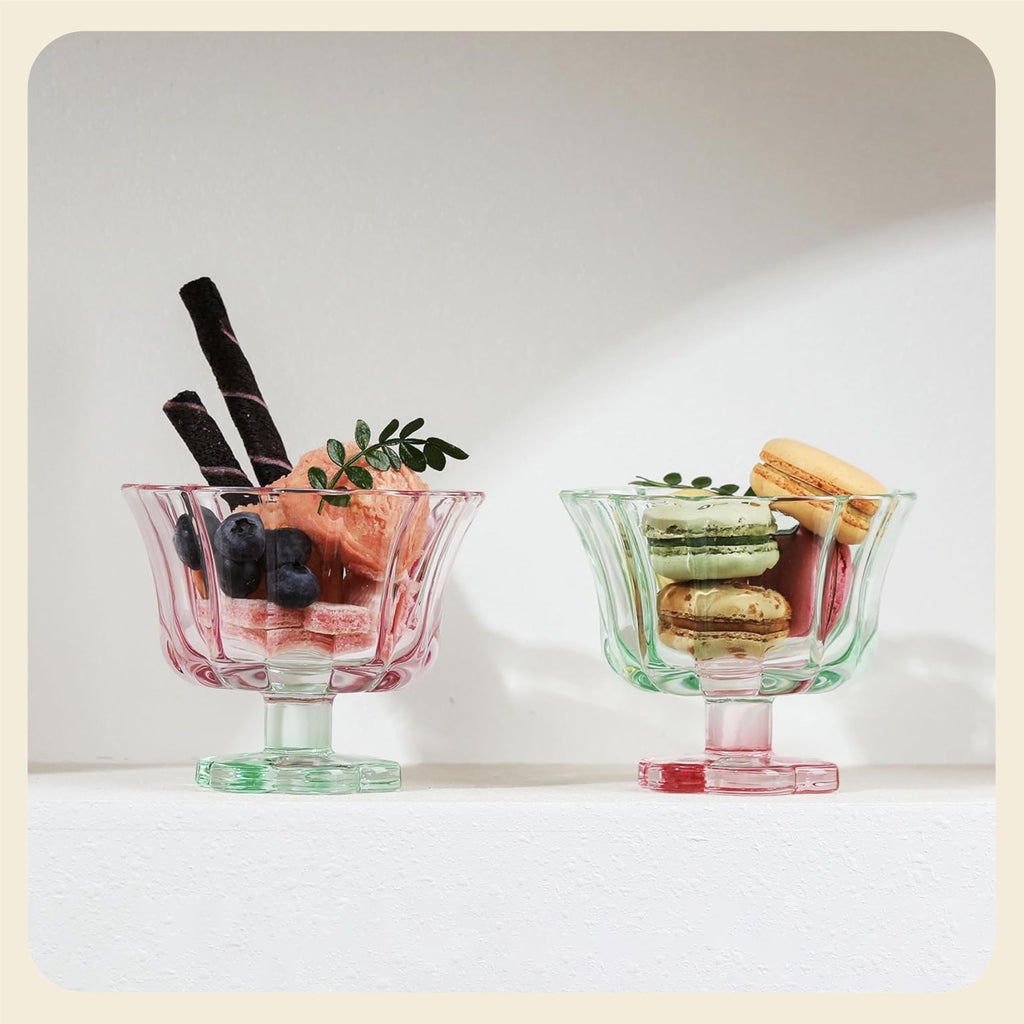 Set of 2 Glass Dessert Bowls â€?Cherry & Mint Color Contrast with Heavy Base