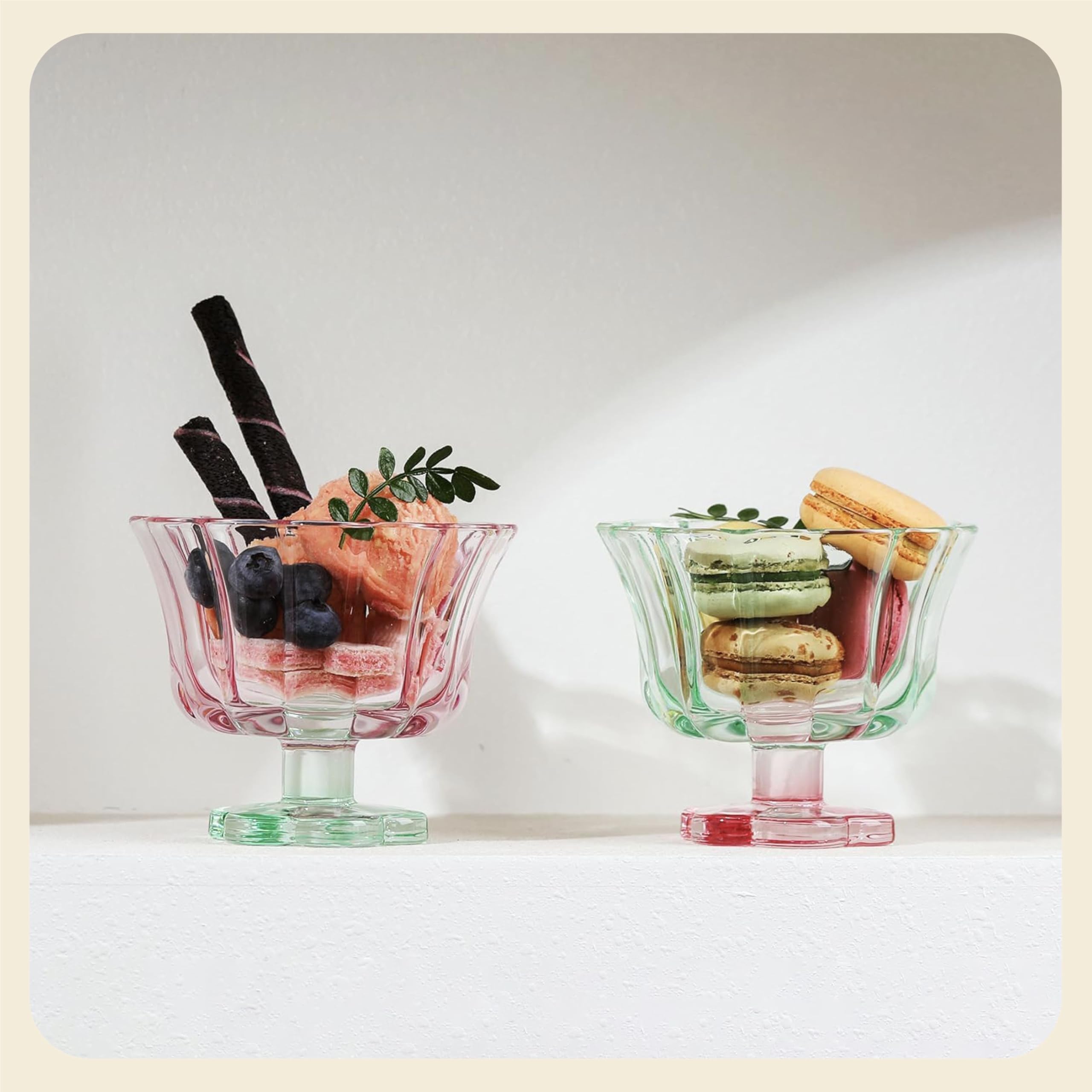 Set of 2 Glass Dessert Bowls â€?Cherry & Mint Color Contrast with Heavy Base