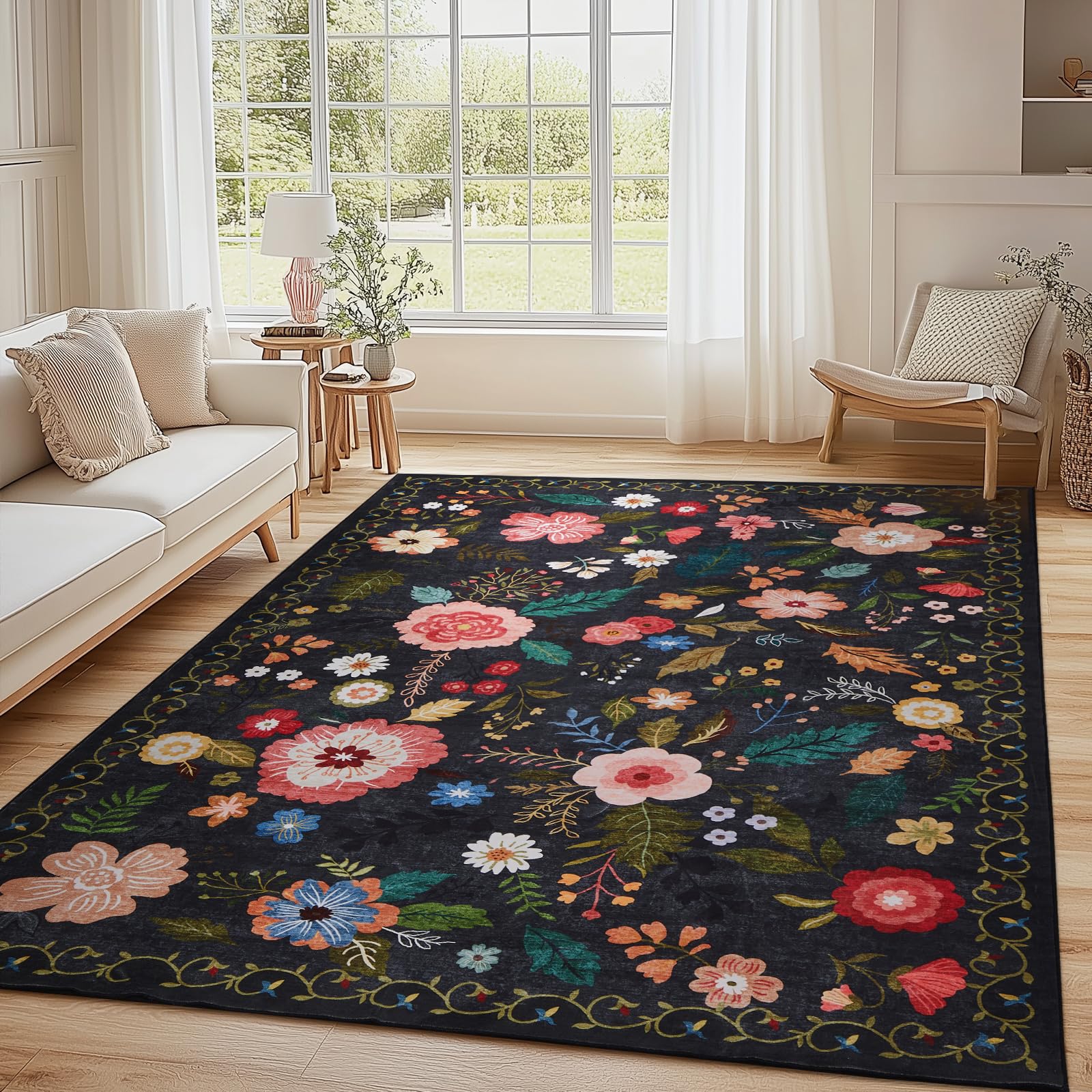 Boho Floral Vintage Rug for Home Washable Rugs Soft Low Pile, Non Slip Non-Shedding