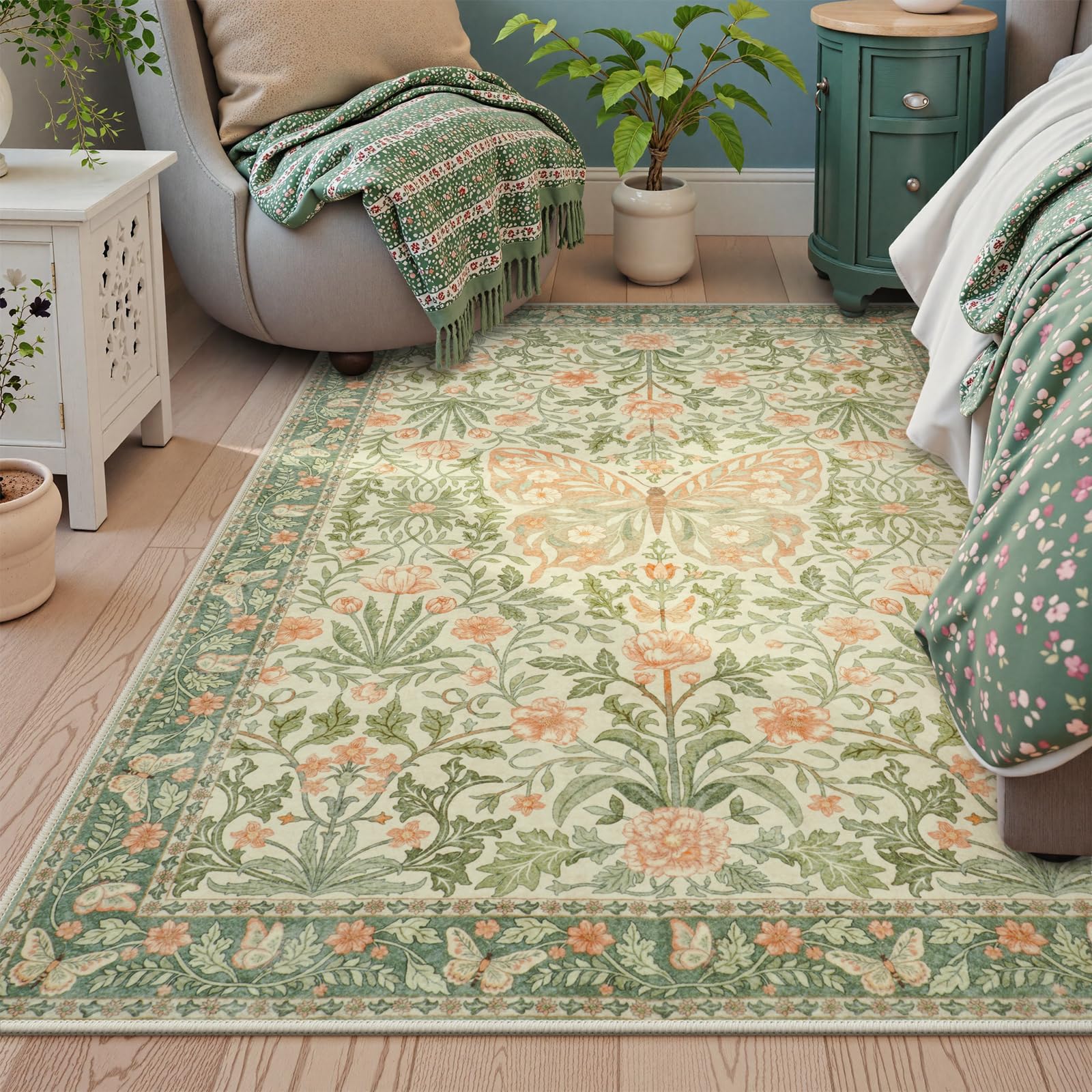 Vintage Floral Rug for Girls Bedroom Washable Non Slip, Soft Ultra Thin Boho Insect Carpet
