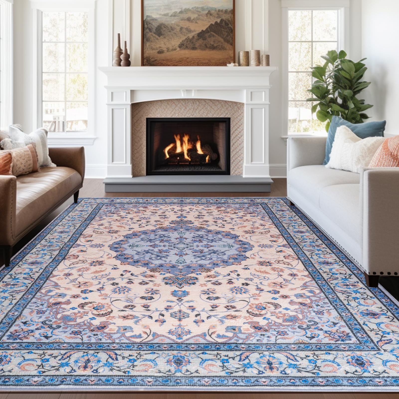 Washable Area Rugs Door Mat Entryway Vintage Floral Non-Slip Low Pile Entrance Thin Rug Carpet for Kitchen Bathroom Living Room Pink