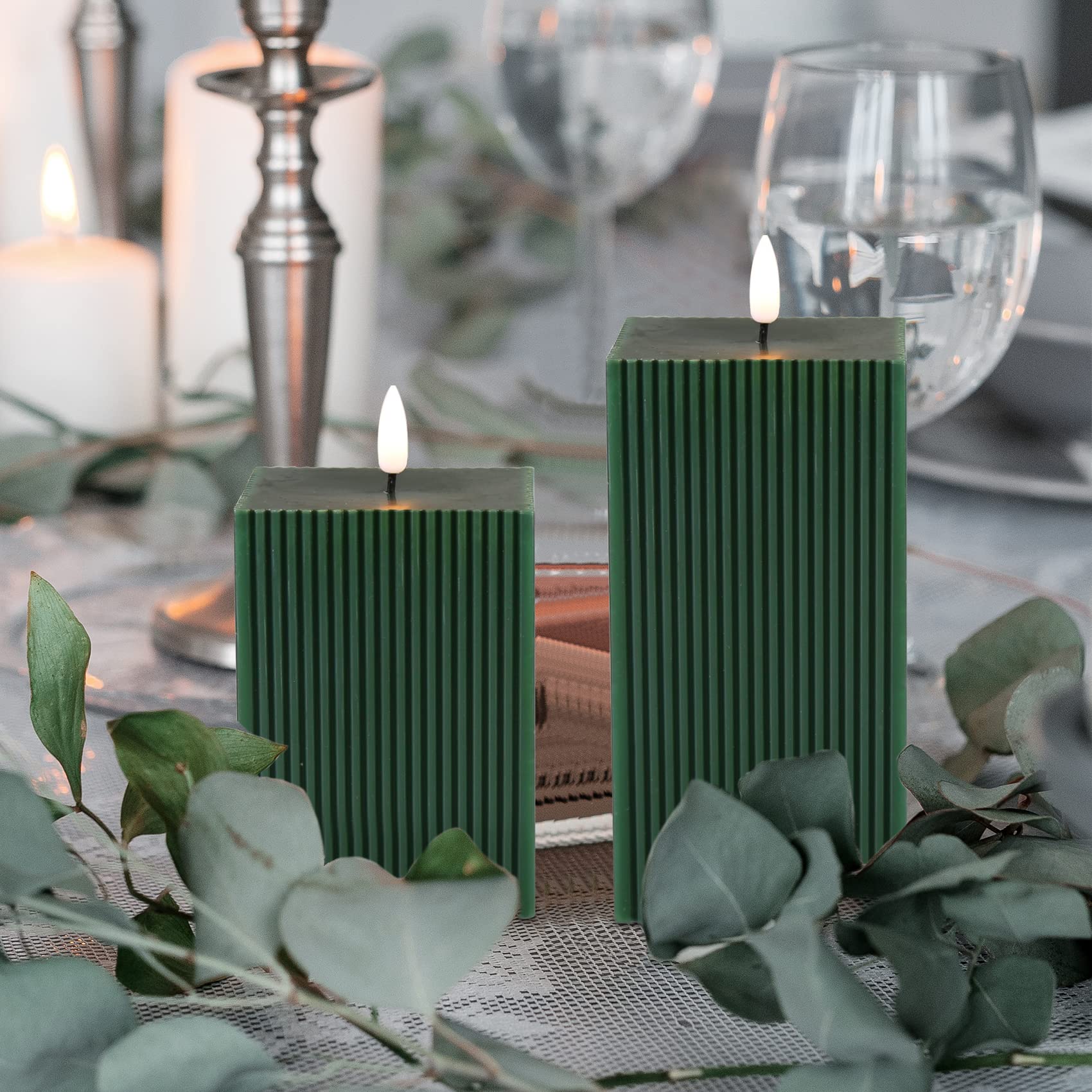 Square Ribbed Flameless Candles with Remote, Flickering Real Wax Battery LED Candles 3" H 4" 6"