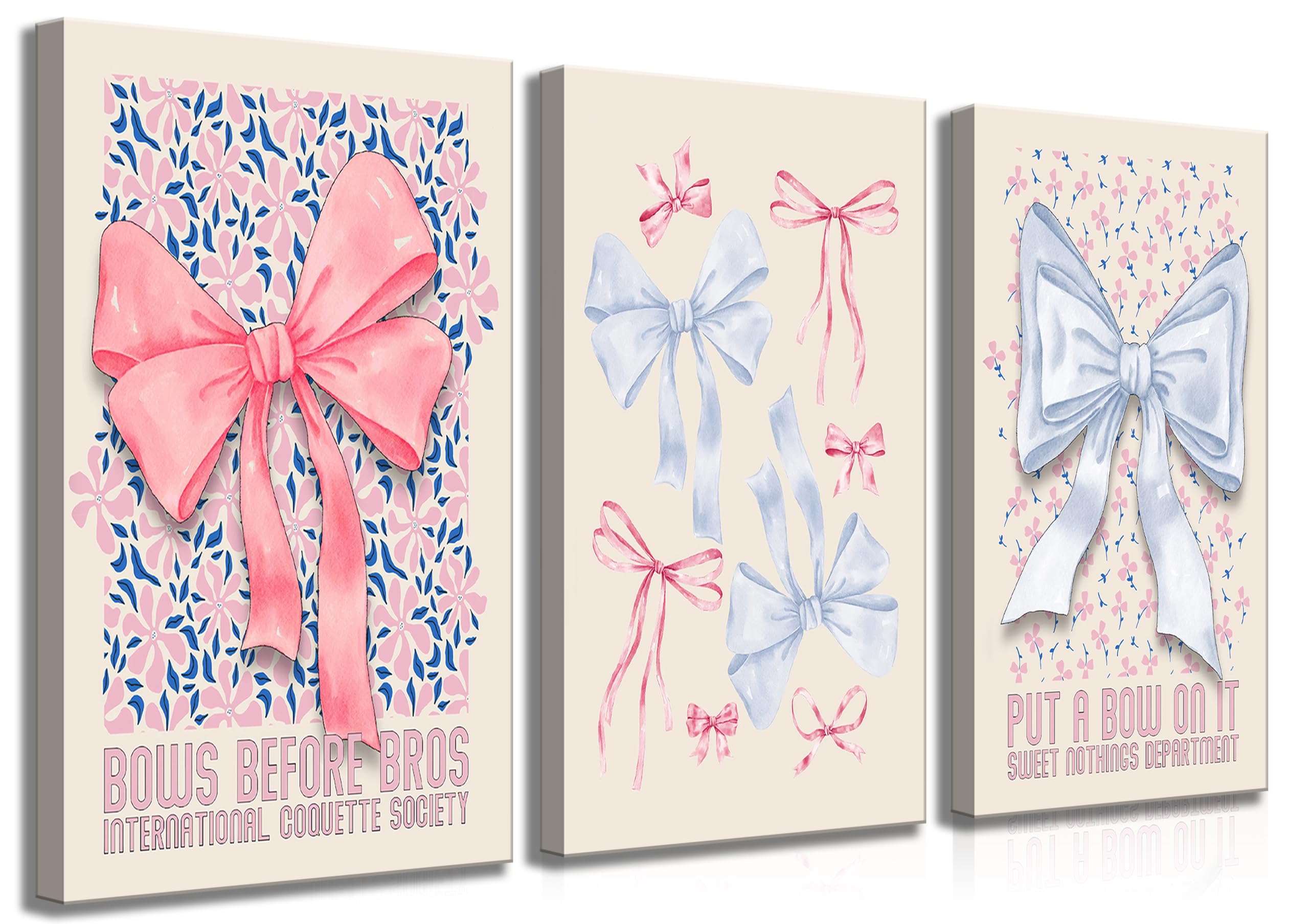 Fashion Coquette Preppy Pink and Blue Bow Aesthetic Picture Poster Wall Decor Canvas Print Artwork 3 Pcs Trendy Bow Wall Art