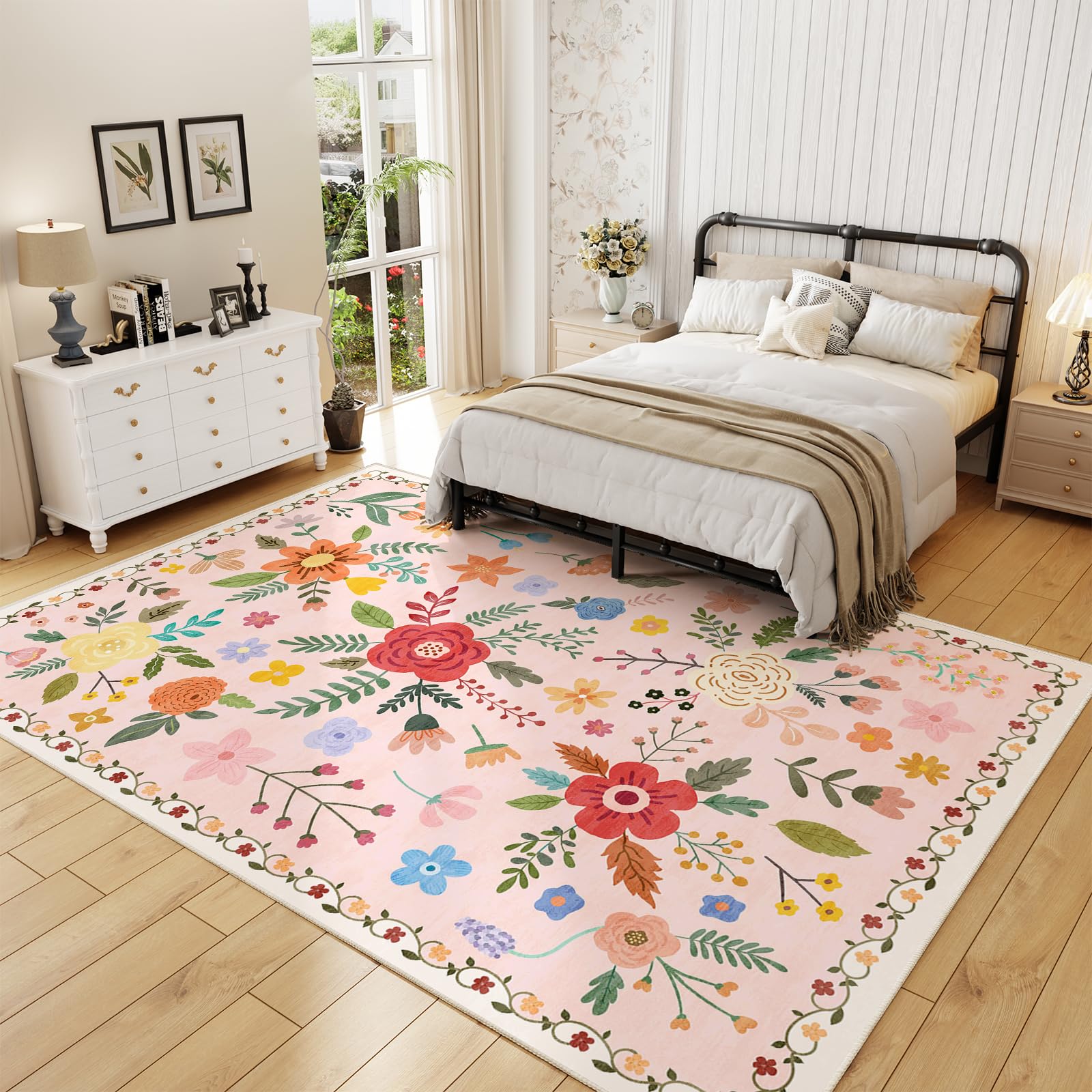 Washable Floral Rugs with Non Slip Backing, Stain Resistant, Floral Soft Low-Pile