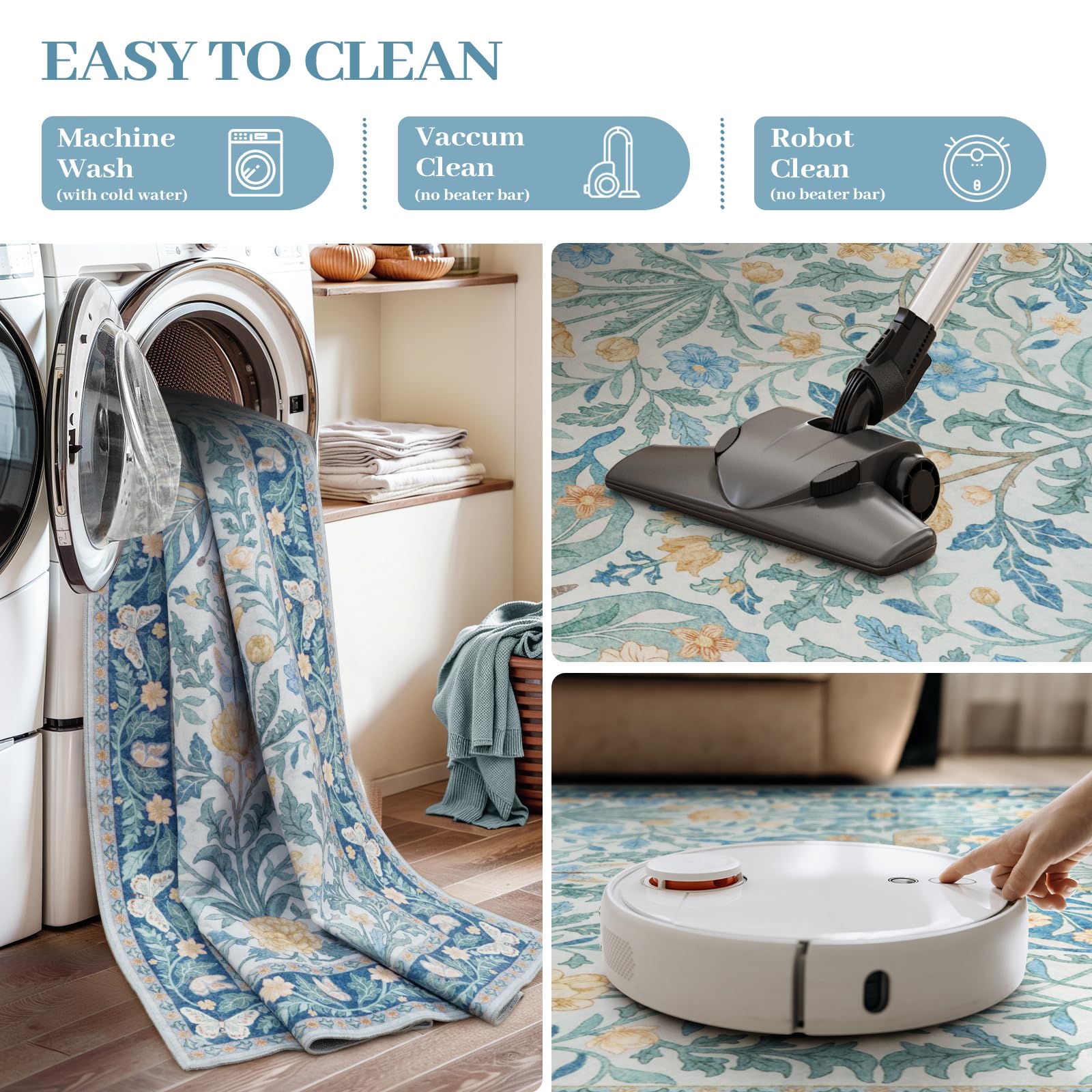 Vintage Floral Rug for Girls Bedroom Washable Non Slip, Soft Ultra Thin Boho Insect Carpet