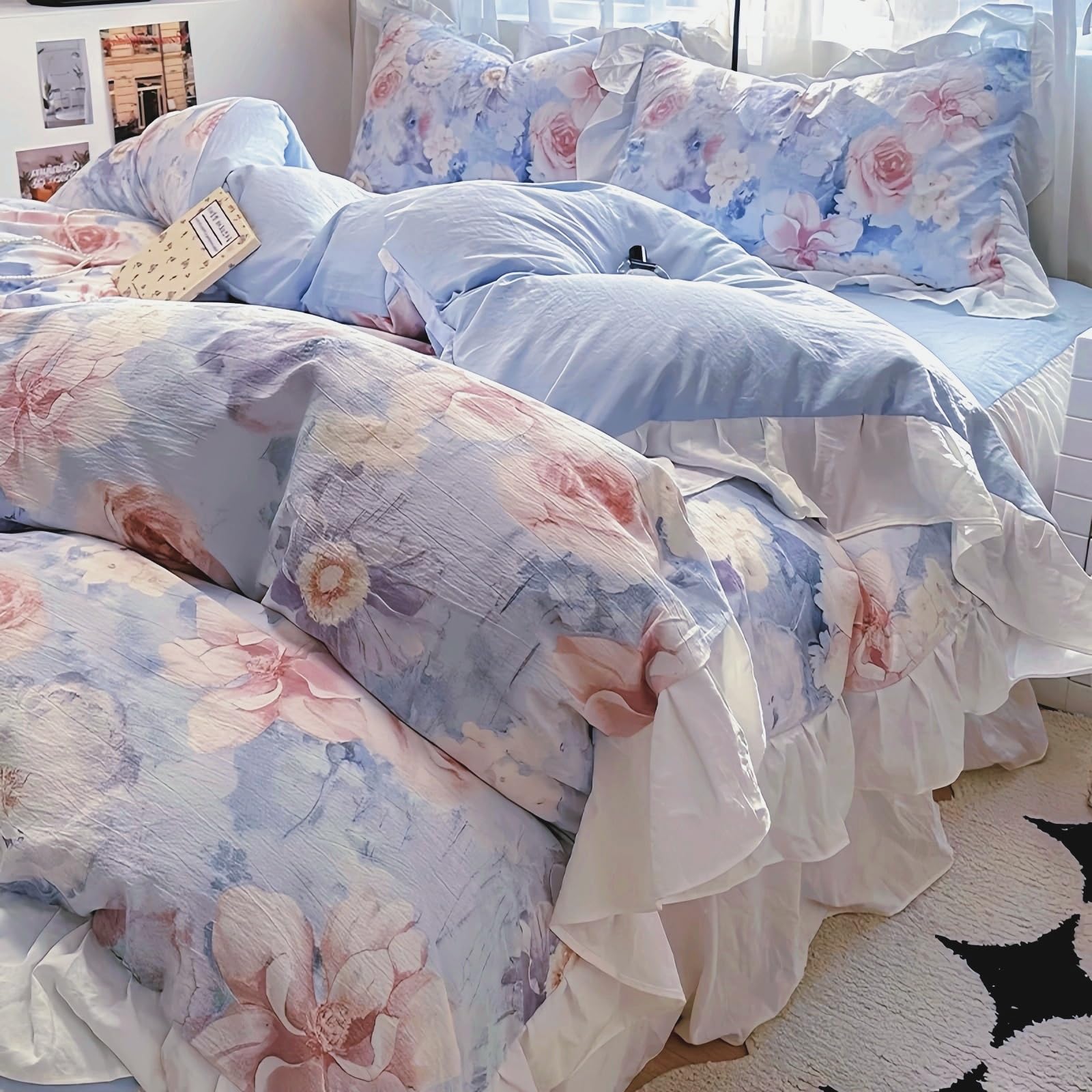 Duvet Cover 4pcs - Cotton Ultra Soft Ruffle Bedding Set includ 1 Duvet Cover with Zipper Ties,1 Fitted Sheet with Bed Skirt, 2 lace Pillow Shams for All Season