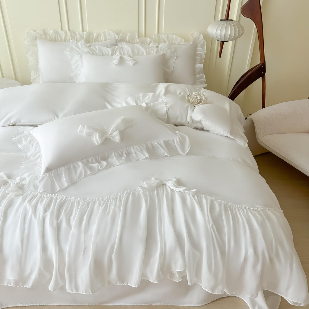 Girls Lace Bedding,Queen Comforter Cover Set, Chic Ruffled Duvet Cover with Lovely Bow,Princess Style 1 Duvet Cover with 2 Pillowcases, No Comforter-Hot Pink,Full Size