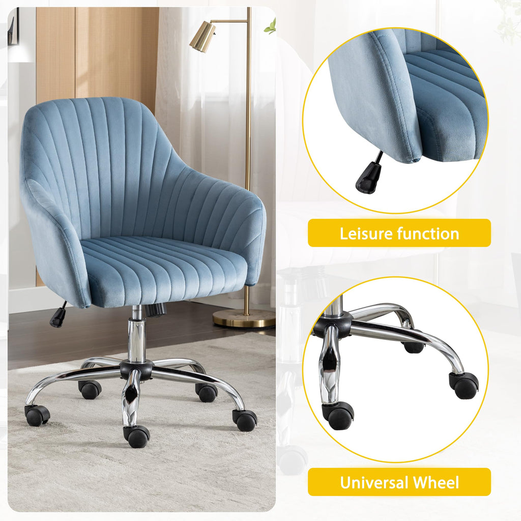 Modern Vanity Velvet Adjustable Low Back Rolling Chair, Twill Upholstered Cute Chair with Wheels
