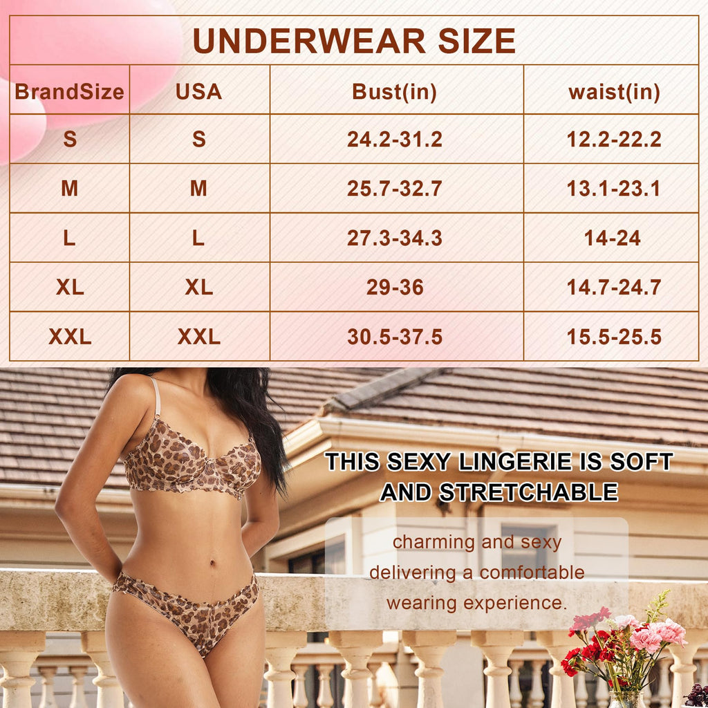 Sheer Lingerie Set for Women Leopard Print Underwire Lace Push Up Bar Matching Bra and Panty Set