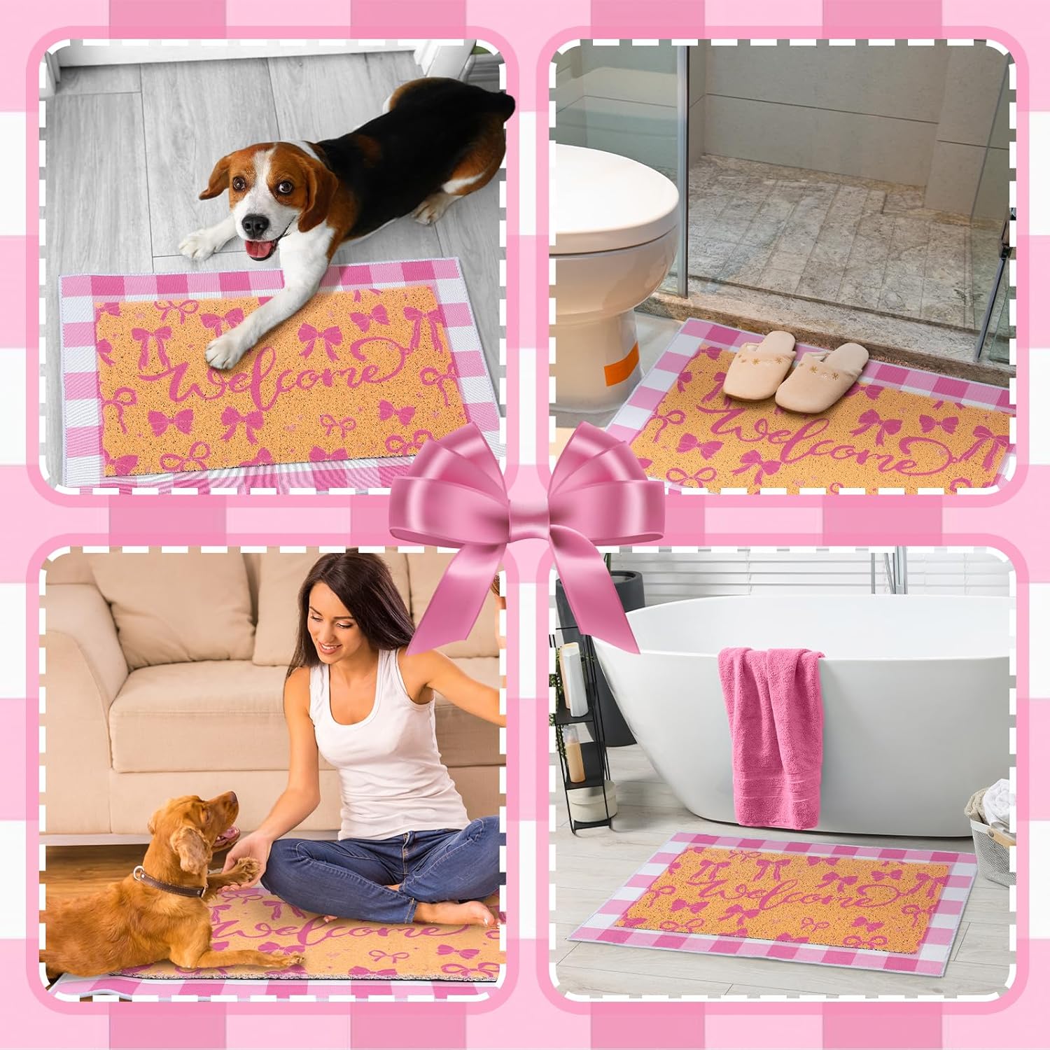 Pink Coquette Bow Door Mat Pink White Checkered Welcome Mat Watercolor Floor Rugs Bow Printed Doormat 2 Pcs