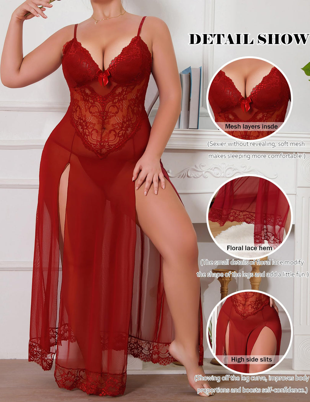 Plus Size Lingerie For Women Babydoll Sexy Mesh Maxi Nightdress Exotic Sleepwear Side Slits