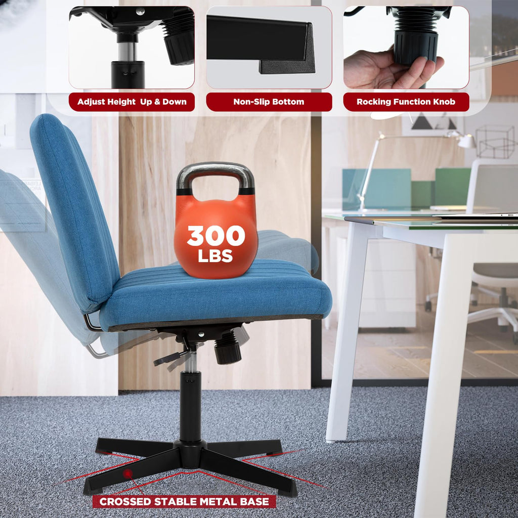 Criss Cross Chair, Armless Cross Legged Wide Comfty Desk Chair with No Wheels Modern Height Adjustable, Swivel Fabric Vanity Chair