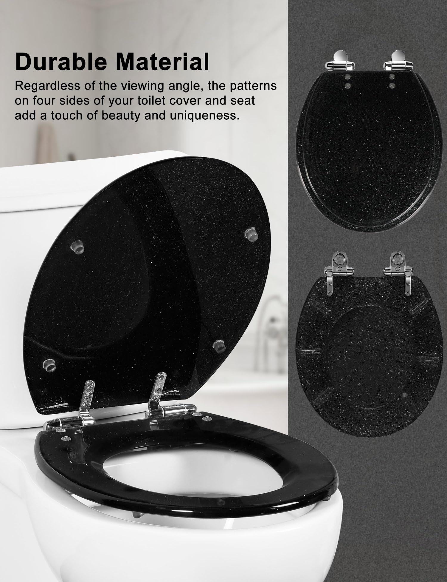 Round Resin Toilet Seat Glitter Soft Close Quick Release Metal Zinc Alloy Hinge Easy to Install also Easy to Clean, Decorative Acrylic Seats (17 Inch)