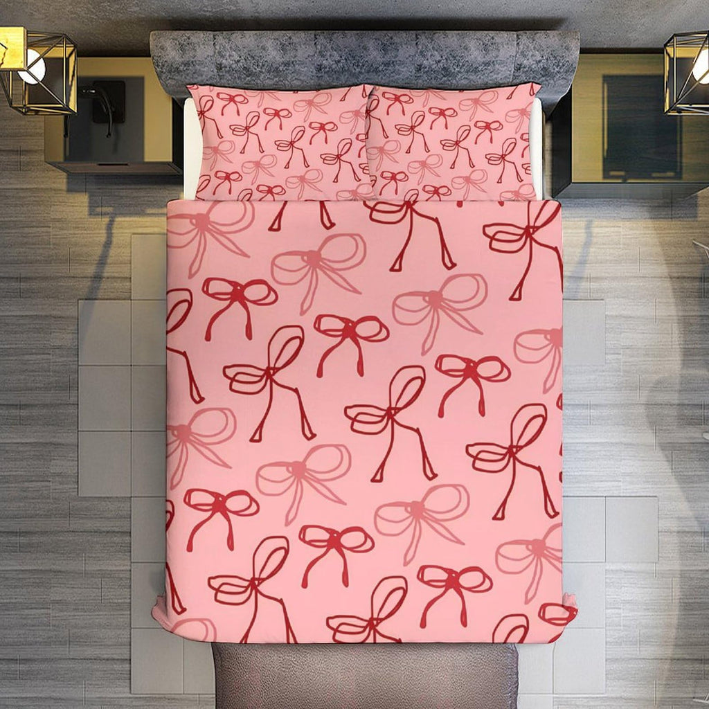 Pink Red Bow Comforter Set Duvet Cover Quilt Cover Set Ultra Soft Bed Cover (1 Duvet Cover+2 Pillowcases)