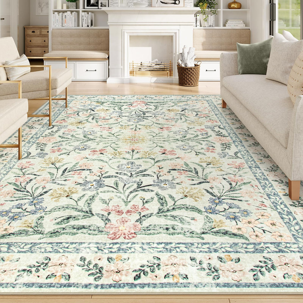 Machine Washable Boho Soft Floral Carpet Non Slip, Indoor Ultra-Thin Floor Carpet for Kid Room Living Room Dorm