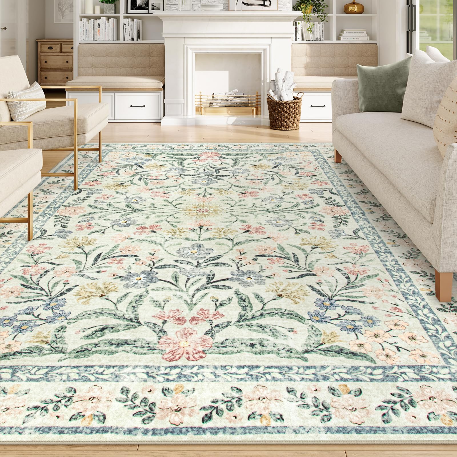 Machine Washable Boho Soft Floral Carpet Non Slip, Indoor Ultra-Thin Floor Carpet for Kid Room Living Room Dorm