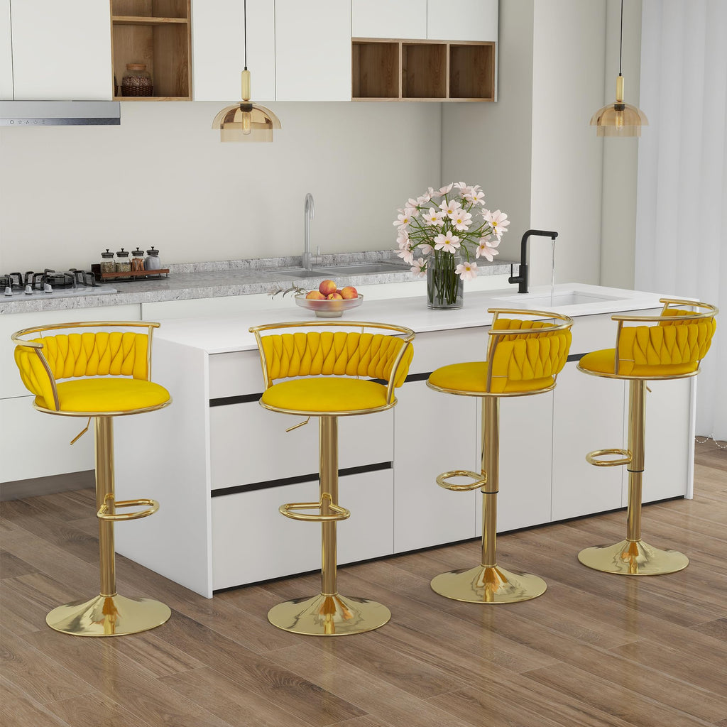 Velvet Swivel Bar Stools, Adjustable Counter Height Bar Chairs with Low Back & Footrest, Modern Gold Bar Stools for Kitchen Island, Bar Pub