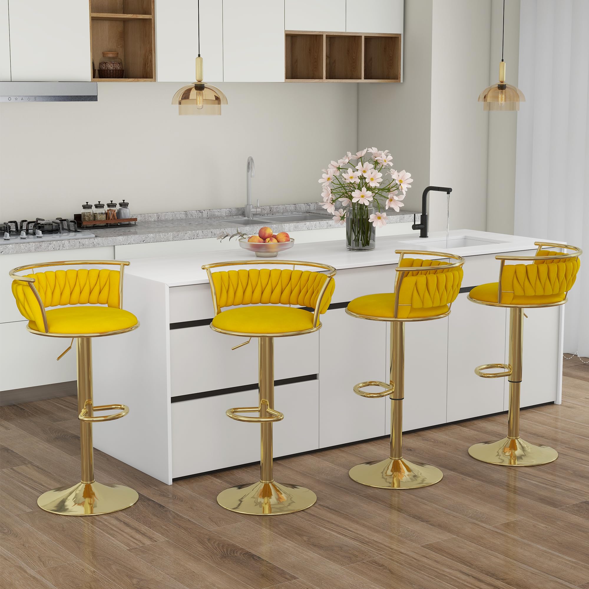 Velvet Swivel Bar Stools, Adjustable Counter Height Bar Chairs with Low Back & Footrest, Modern Gold Bar Stools for Kitchen Island, Bar Pub