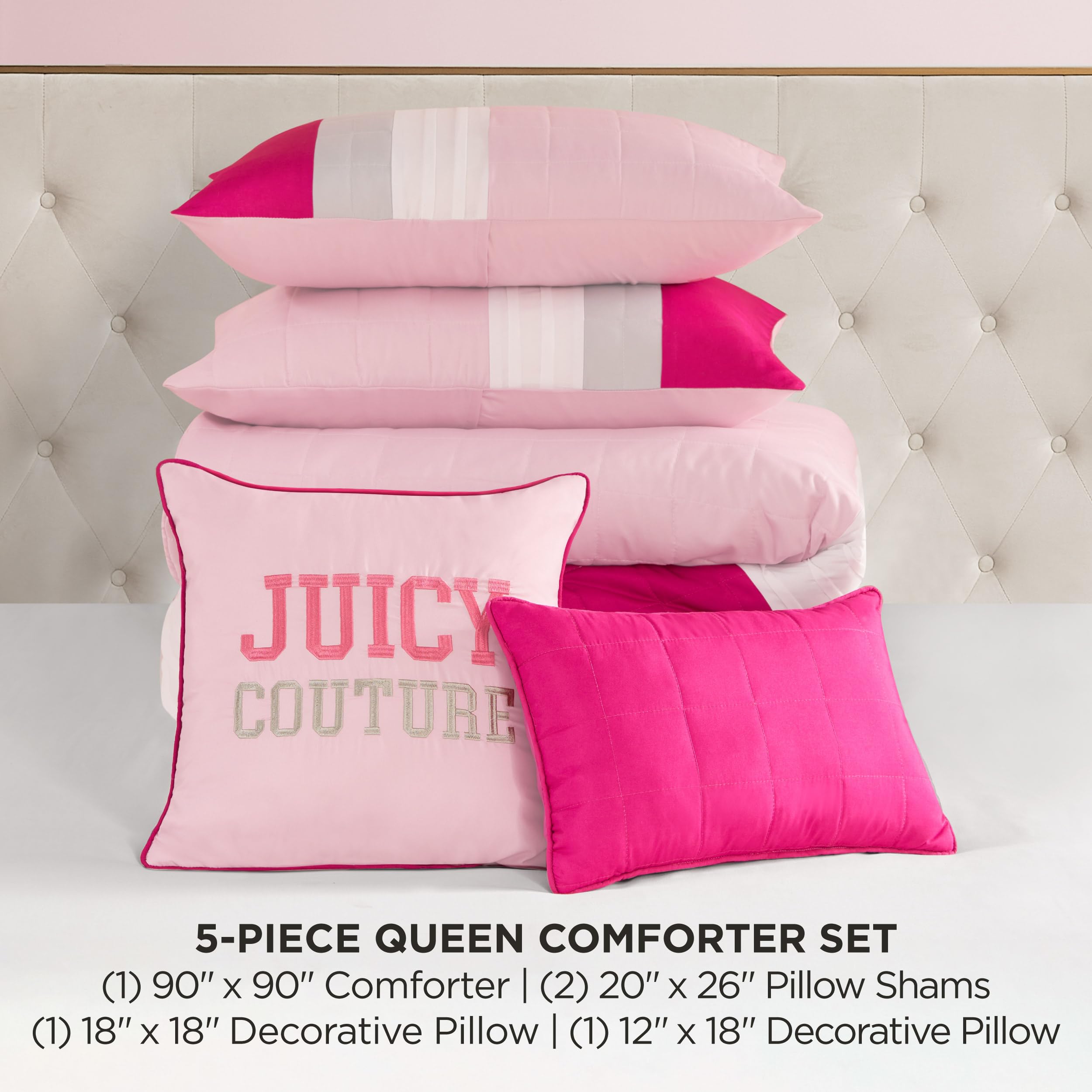 Juicy Couture Color Blocked King Striped 5-Piece Comforter Set - Pink/White/Grey Designer Bedding Set