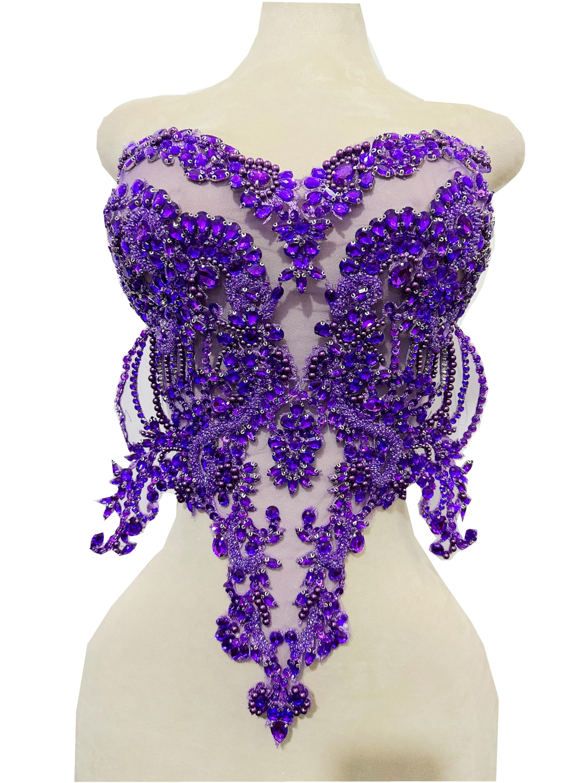 Handmade red/Blue/Gold/Green Rhinestones lace Bodice Applique Sewing Beads Crystal Trim Patches Accessory for Dress Clothes (Rose red)