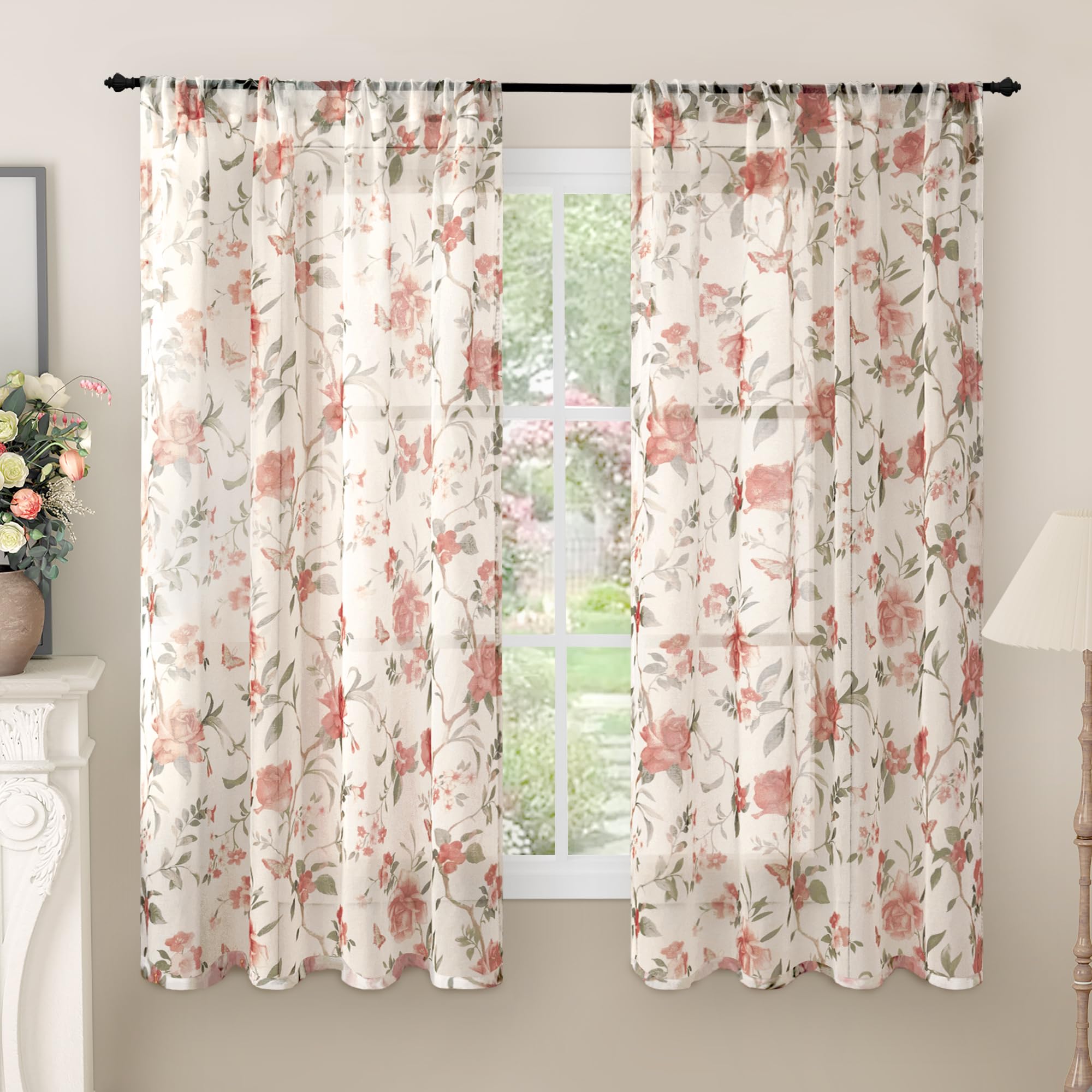 Floral Sheer Curtains, Vintage Light Filtering Semi-Sheer Linen Curtains