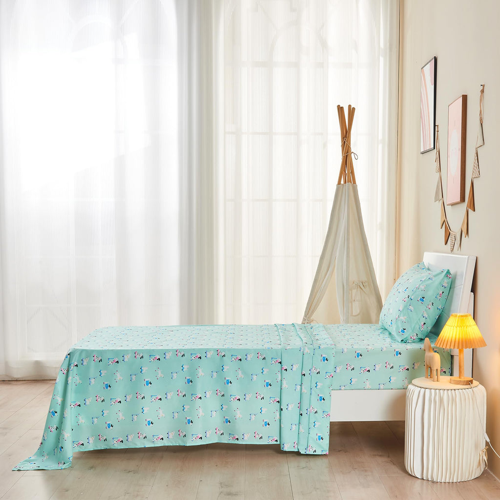 Printed Kids Sheet Set Twin Size, 3 Pcs Breathable & Silky Soft Microfiber - Kids Fitted Sheet,Kids Bed Sheets with 15" Deep Pocket