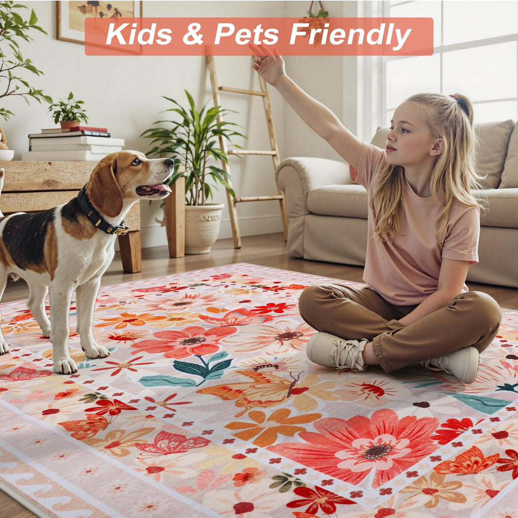 Floral Hallway Runner Rug, Runner Rugs Non Skid Washable, Low Pile Soft Boho Rugs