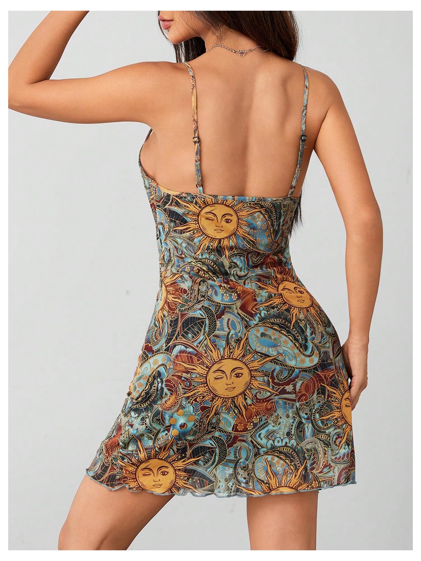 Women's Petite Boho Print Lettuce Trim Cami Dress Vintage Mesh Short Dresses