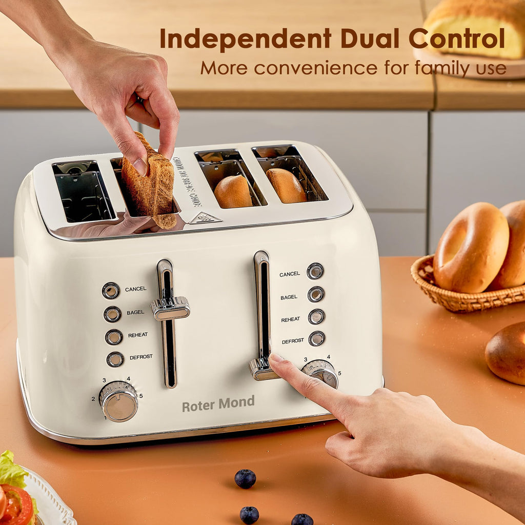 Toaster 4 Slice Retro Stainless Steel with Extra Wide Slots, Reheat Function, Dual Independent Control Panel, Removable Crumb Tray, 6 Browning Levels