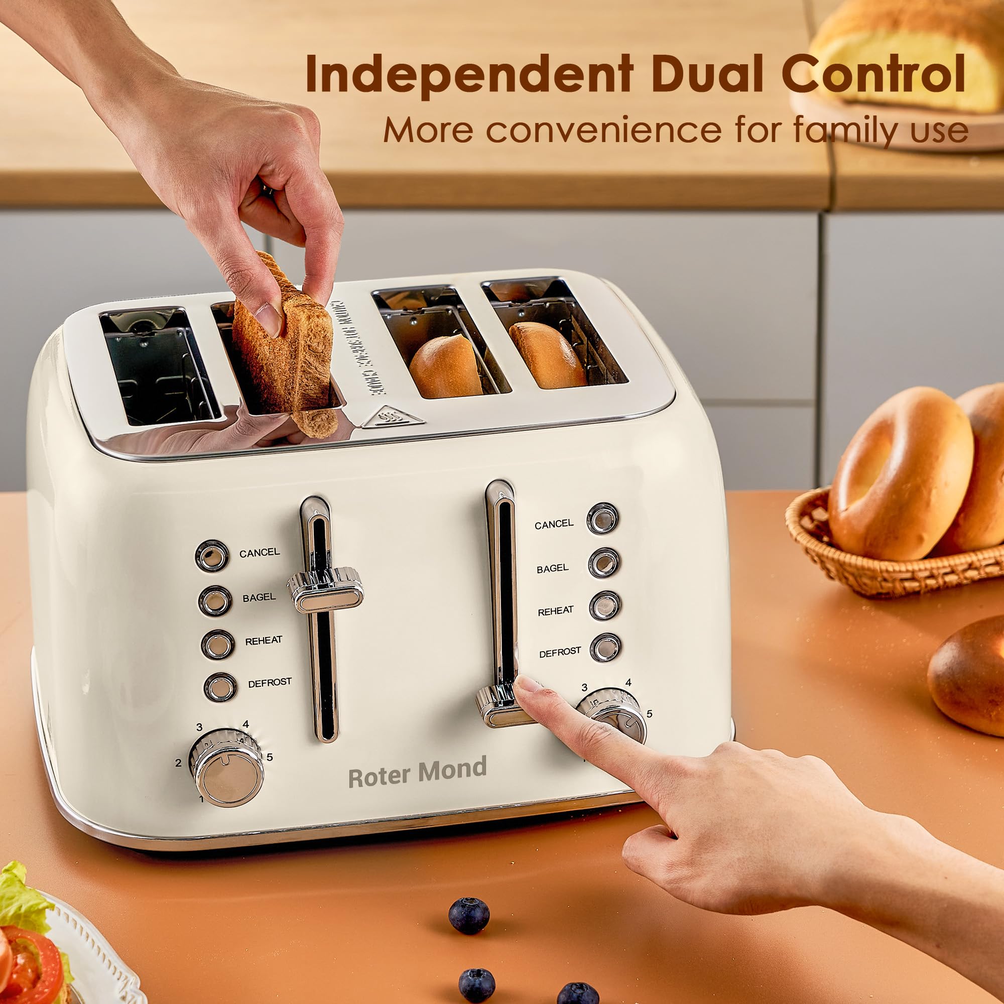 Toaster 4 Slice Retro Stainless Steel with Extra Wide Slots, Reheat Function, Dual Independent Control Panel, Removable Crumb Tray, 6 Browning Levels