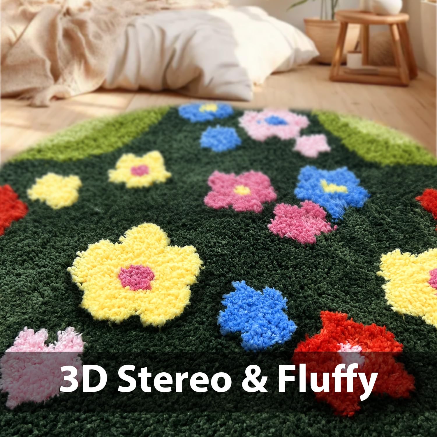 Green Moss Bathroom Rugs Bath Mat Non Slip, Ultra Soft Absorbent Aesthetic Decor Shaggy Tufted Flower Long Bath Rugs