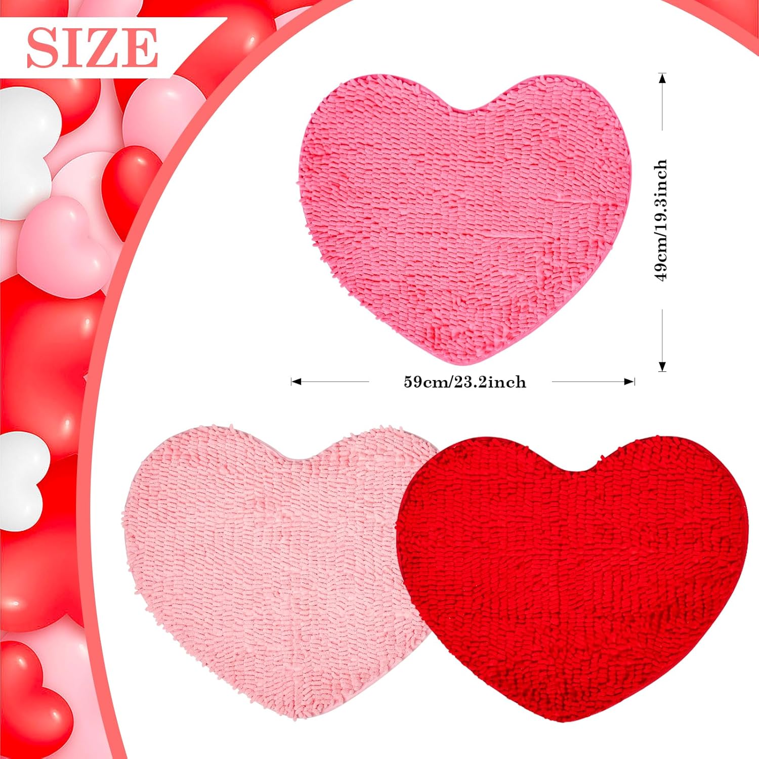 Valentine's Day 3 Pcs Heart Shaped Rugs, Love Decorative Floor Mat Shower Mat Non-Slip Washable, Heart Shag Bath Door Mat Carpet for Home Bathroom Shower Floor, 20 x 24 Inches