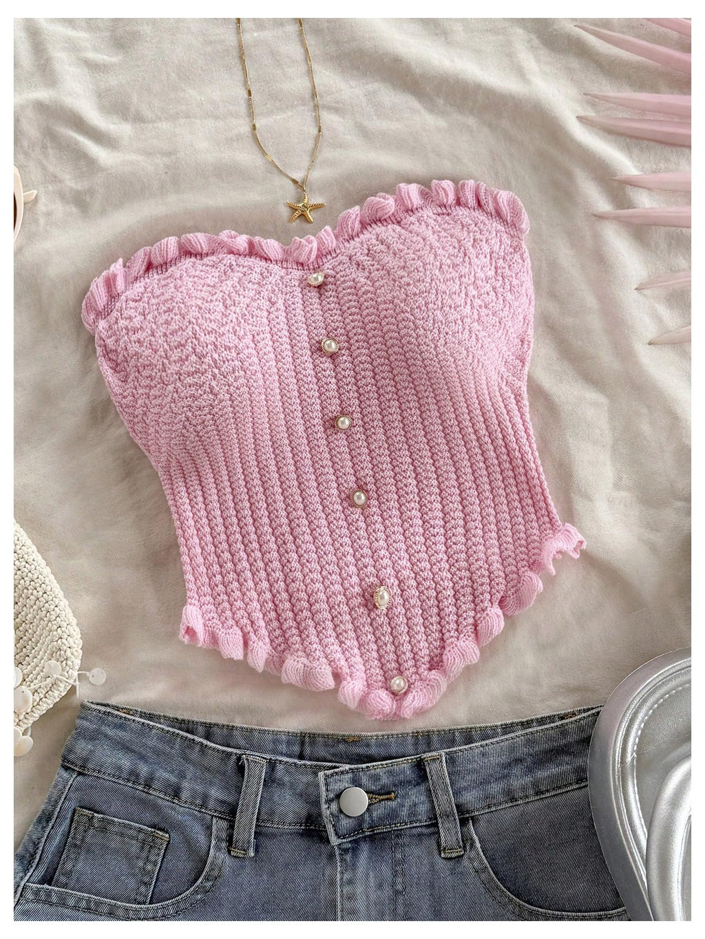 Women's Pearl Strapless Tops Summer Asymmetrical Tube Tops