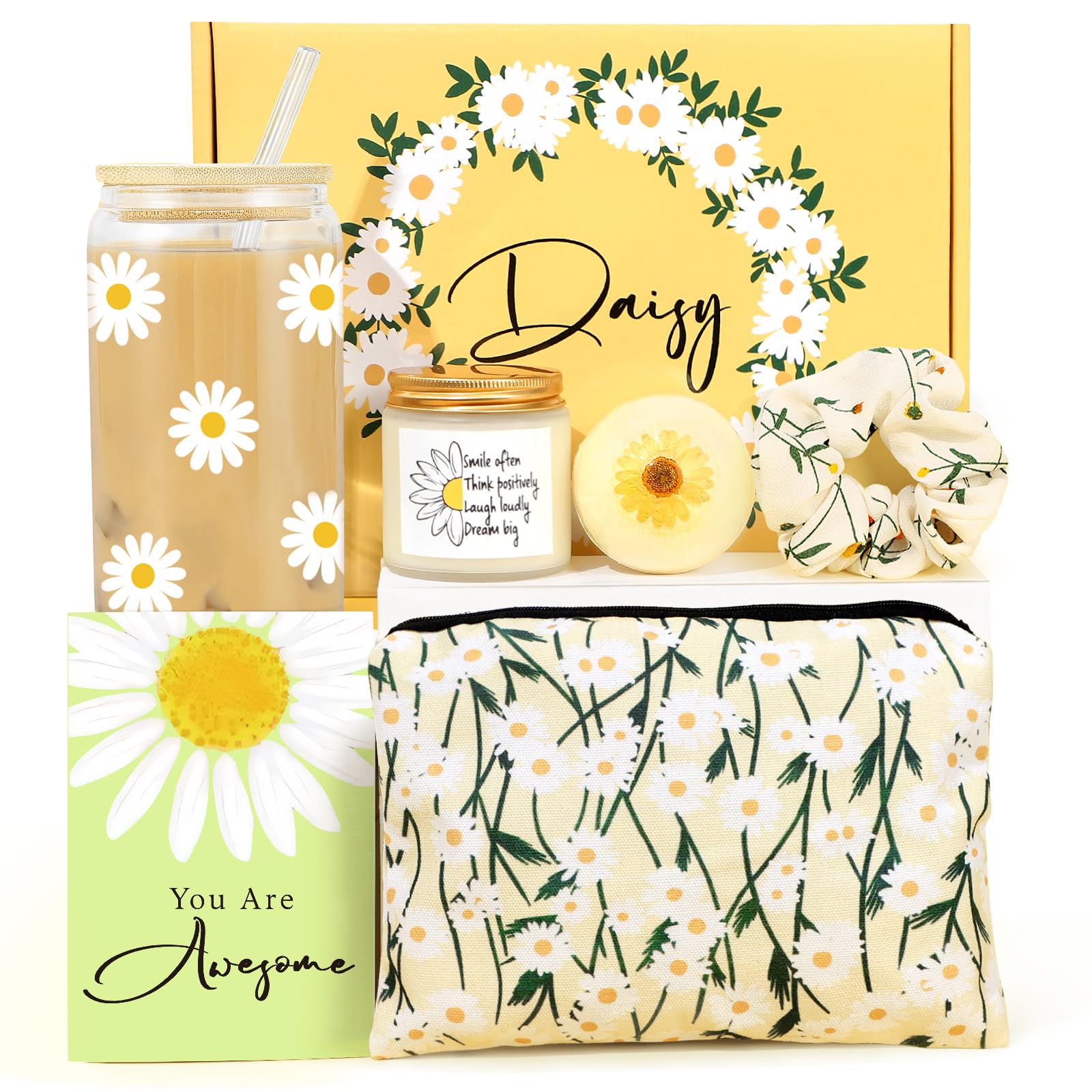 Daisy Glass Cup with Lid & Straw, Cute, 16oz