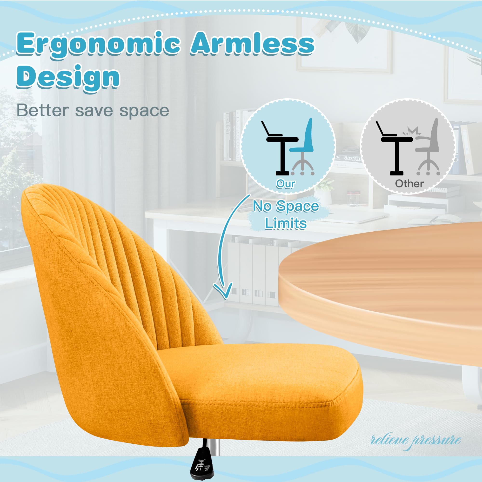 Modern Armless Cute Adjustable Swivel Padded Fabric Vanity Chair with Wheels