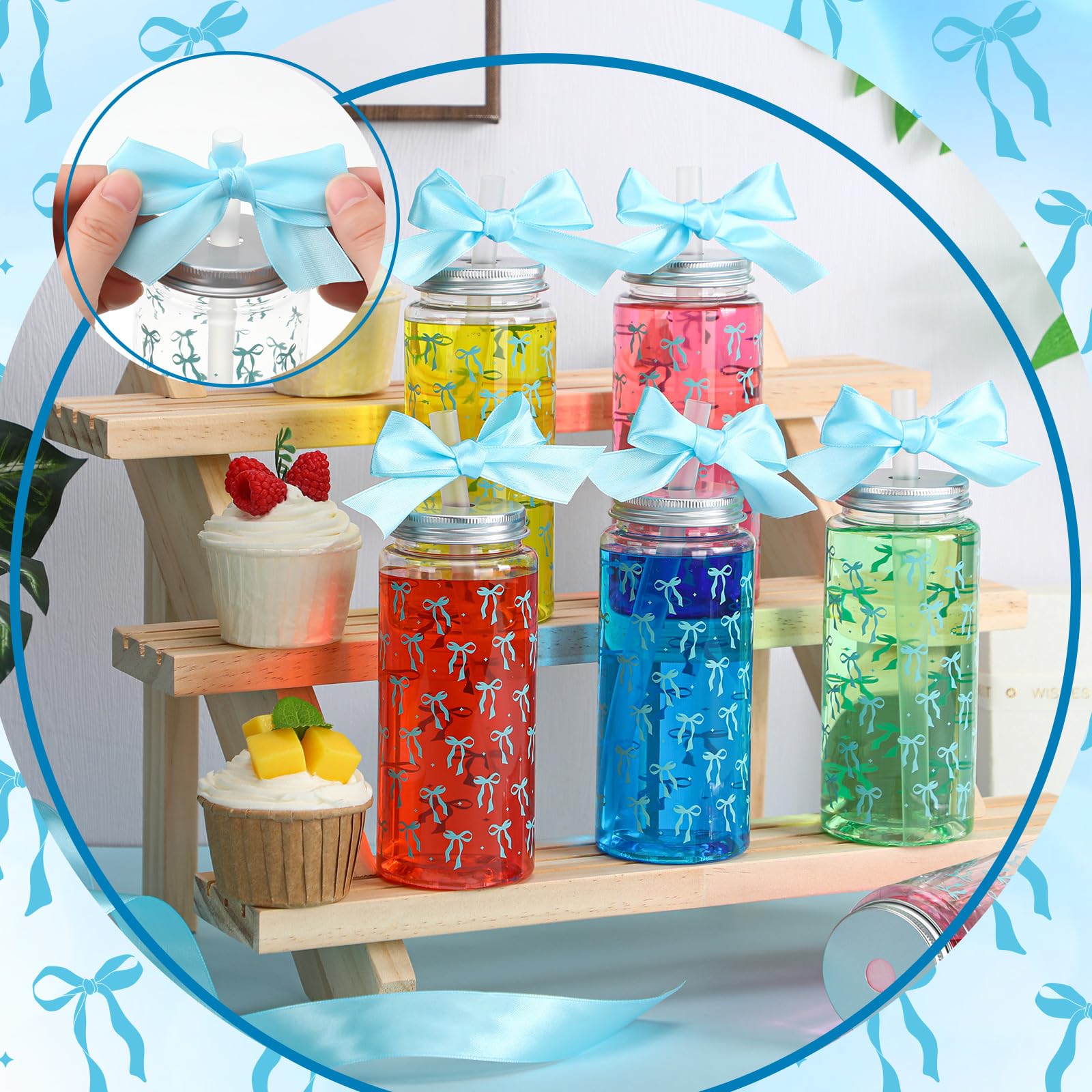 Color Bow Plastic Cups Coquette Bow Aesthetic Cup with Lids and Straws 14 oz Reusable Cute Bow Plastic Tumbler with Ribbon Bow