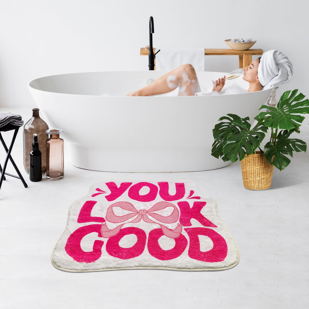 You Look Good Bath Mat Cute Bow Funny Bathroom Rug, Soft Absorbent Water Non Slip, Superior Washable Microfiber Cool Shower Preppy Decor Rug (21"x25")